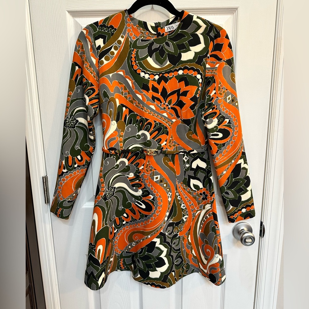 Zara Retro Paisley Mini Dress in Orange, Olive & Black